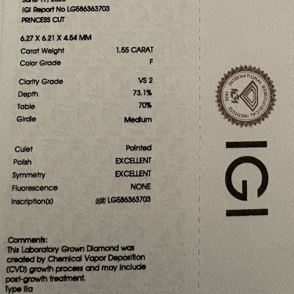 1.55 CT VS2 PRINCESS CUT LAB GROWN DIAMOND ENGAGEMENT RING 14K GOLD - Picture 9 of 11